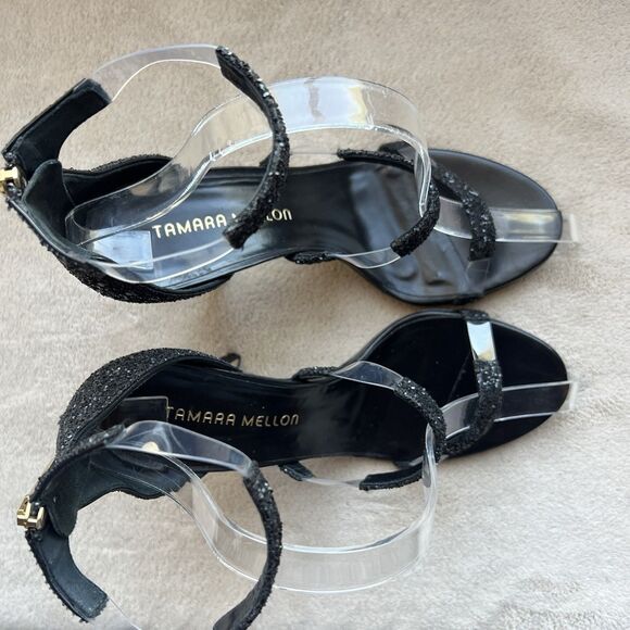 Tamara Mellon Frontline Black Glitter Crystal Heeled Sandals US 7 EU 37.5 Formal - Picture 7 of 16